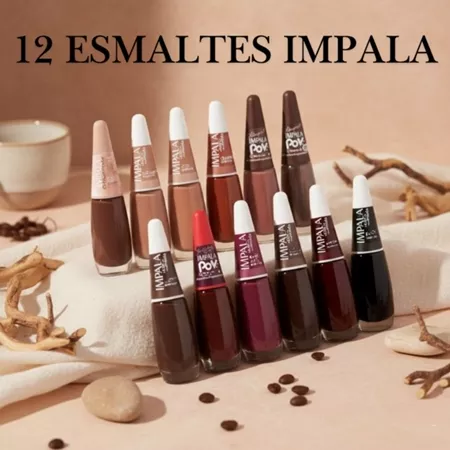Kit 12 Esmaltes Impala Tons Marrom Nude e Escuros Tendências Manicures Top Coat Secagem Rápida Moda