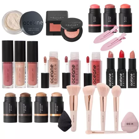 Mini Maquiagem Océane Batom, Blush, Pó Translúcido, Contorno, Gloss, Pincéis, Esponjas e Acessórios