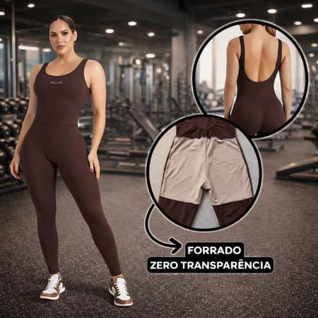 Macacão Fitness Forrado Feminino Longo Roupa de Academia com Costas Abertas Zero Transparência