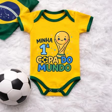 Body Bebê Copa do Mundo | Minha Primeira Copa Estampa Taça Divertida Brasil Futebol Jogo Eua