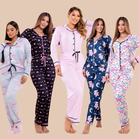 Pijama Feminino Americano Longo Pós Cirúrgico Amamentação Inverno Stitch Estapas listra Rosa
